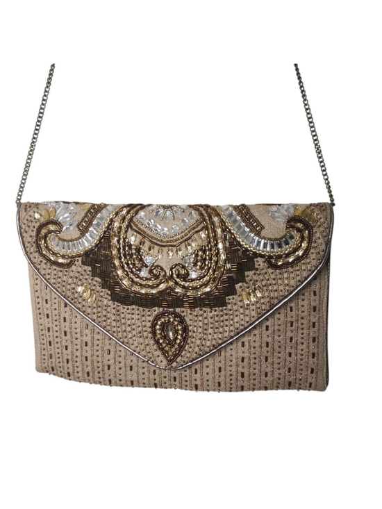 Unbranded Handbags - Beautiful Formal Beige Gold Beaded Clutch Bag